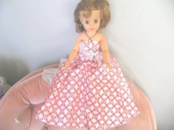 19'' 1950S HI HEEL BRUNETTE FASHION DOLL,, BROWN EYES, STRAPLESS FLOCK GOWN, HEELS